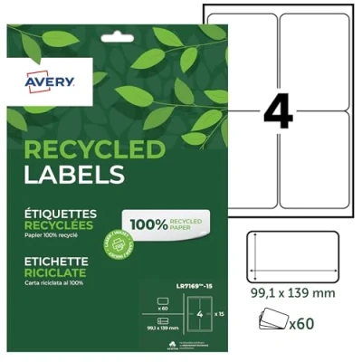 Afbeelding van AVERY Zak met 60 etiketten van 100% gerecycled papier, personaliseerbaar, bedrukbaar, formaat 99,1 x 139 mm, laser en inkjetprinter (LR7169 15)