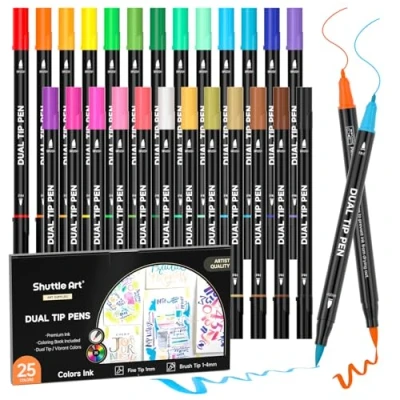 Afbeelding van Shuttle Art Penseelmarker met dubbele punt, 25 kleuren inkt op waterbasis, fijne marker en penseelpunt 1 kleurboek voor kinderen volwassenen, kunstenaars, kalligrafie, letters