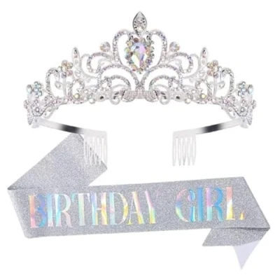 Afbeelding van DRESHOW Verjaardagskroon en sjaal voor vrouwen, riem meisjes, verjaardag, diadeem van strass, verjaardagsdecoraties, haaraccessoires, glitterriem feest