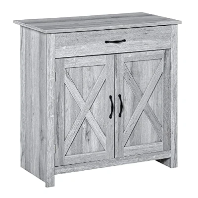 Afbeelding van HOMCOM Dressoir met 2 ladedeuren, landelijke stijl, chique kast plank, handgrepen van metaal, zwart, MDF, spaanplaat, houtlook, lichtgrijs