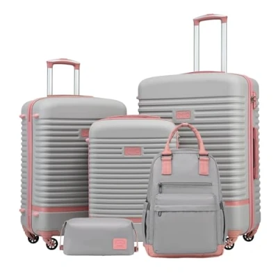 Afbeelding van COOLIFE Harde ABS trolleykoffer, 4 wielen, TSA slot, koffer bevat 1 reisrugzak en toilettas, Grijs/Roze, Prachtig ontworpen reisset