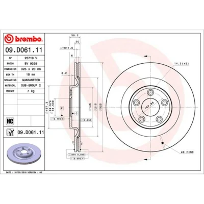 Afbeelding van BREMBO 09.D061.11 Remschijf 325 20 5 interne ventilatie Gecoat High carbon JAGUAR: F Type Coupe, XJ Saloon
