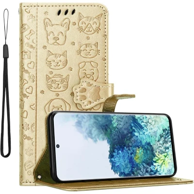 Afbeelding van Cadorabo Hoesje geschikt voor Samsung Galaxy S20 in SHINY GOUD Beschermhoes honden en katten met standfunctie kaartsleuven Book Case Cover Etui