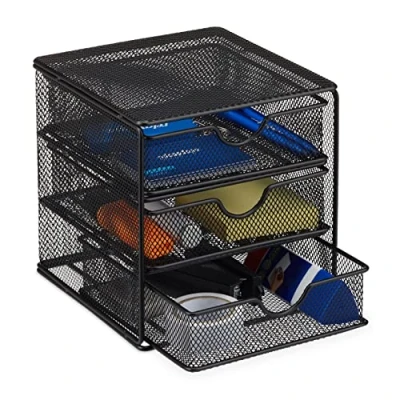 Afbeelding van Relaxdays bureau organizer metaal 3 lades gaas opslagsysteem voor kantoorartikelen zwart