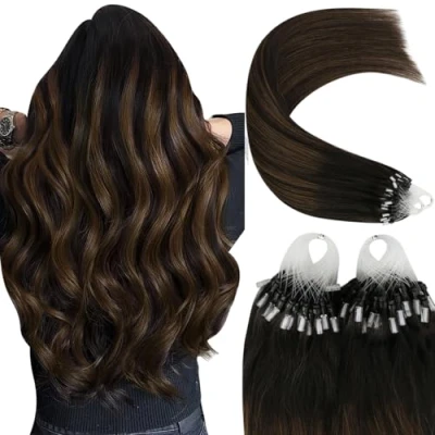 Afbeelding van YoungSee Haarextensions, echt haar, micro ringen, natuurlijk 50 strengen/50 g, 35,6 cm, donkerbruin, met middenbruin