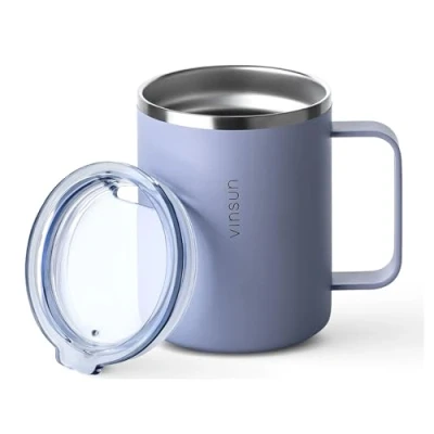 Afbeelding van VINSUN Thermosbeker met handvat, 350 ml, koffiemok om mee te nemen, roestvrij staal, transparant deksel drinkopening, thermobeker voor reizen, outdoor,