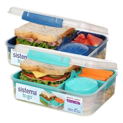 Image de SISTEMA TO GO Lot de 2 boîtes à bento avec compartiments et pots goûter, 1,65 L, sans BPA, bleu sarcelle menthe océan