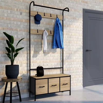 Afbeelding van Vestiaire d&#039;entrée UTAH avec banc et 3 tiroirs en tissu design industriel