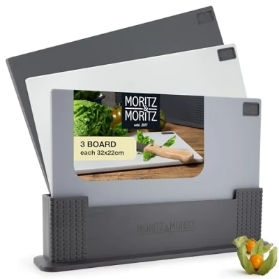 Afbeelding van Moritz &amp; Set van 3 kunststof snijplanken, 32 x 22 cm, snijplankenset met standaard, snijplank, zwart en grijs, keukenplank, groot, vaatwasmachinebestendig