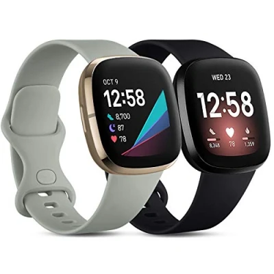 Afbeelding van CeMiKa 2 stuks armbanden compatibel met Fitbit Versa 4/Versa 3 armband/Fitbit Sense/Sense armband, vervangende sportarmband, 3/Sense, groot, grijs/zwart