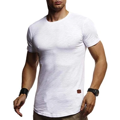 Afbeelding van Leif Nelson Heren zomer T shirt ronde hals slim fit katoenaandeel cool wit zwart basic mannen jongens korte mouwen top lang LN8331, Wit, XL
