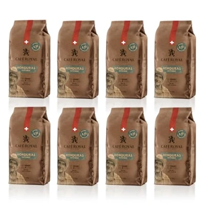Afbeelding van 8 x 500 g Café Royal Honduras Intenso geroosterde koffiebonen praktisch formaat zakken van 0,5 kg intensiteit 4/5 bonen 100% duurzame Arabica uit Fairtrade gecertificeerd