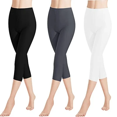Afbeelding van Libella 4161 VA 1/3 stuks 3/4 leggings voor dames, katoen, capribroek met hoge taille, meerkleurig, slim fit, fitnessbroek, Set van 3 zwart+grijs+wit
