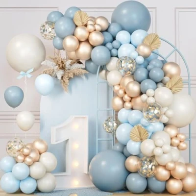 Afbeelding van Ballonnenboogset voor verjaardag, blauw, 111 stuks, decoratie, ballonnen, wit, zand en goud, ballonboog doop, jongens, bruiloft, babyshower