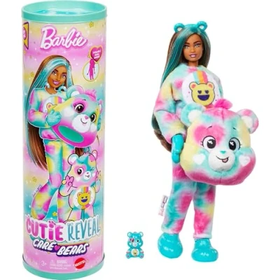 Afbeelding van Barbie Good Vibes Bear, poupée Cutie Reveal Care Bears série 2 avec costume en peluche et mini ours, 10 surprises accessoires effet changeant de couleur, jouet pour enfants, 3+ ans, JFV62