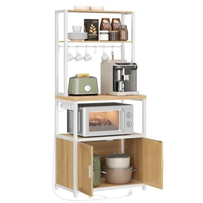 Afbeelding van VASAGLE Keukenrek met stekkerdoos, koffiebar werkblad 90 cm hoogte, magnetronhouder 8 haken, 40 x 60 170 cm, goud eiken en wolkenwit KKS058Y02
