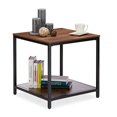 Afbeelding van Relaxdays Bijstuk, 2 houten oppervlakken, robuust metalen frame, vierkant, salontafel, hoogte 51 cm, natuur, zwart/crème, HLP x 50,5 cm