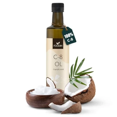 Image de FOODIN MCT huile C8, 500 ml d&#039;huile de noix coco, idéale pour l&#039;alimentation cétogène, cétones à boire, 3 fois plus (100% C8), coco liquide et neutre au goût (1 x