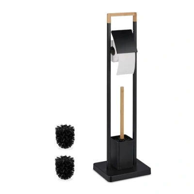 Afbeelding van Relaxdays toiletaccessoires set rvs toiletborstel met houder bamboe vrijstaand zwart