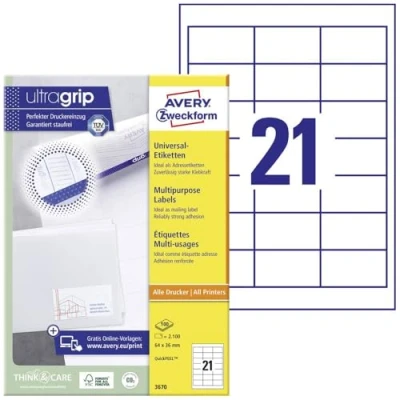 Afbeelding van Avery Zweckform 3670 Universele etiketten 64 x 36 mm Papier Wit 2100 stuk(s) Permanent hechtend Laser (zwart/wit), (kleur)