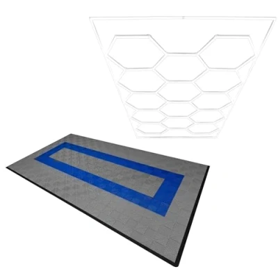 Afbeelding van Modulaire Geventileerde Vloer 90 Grijze &amp; 30 Blauwe Tegels Met Randen Hexagon LED verlichting 14 Witte Lampen 6500K 3 Montageopties Inclusief Ophangset, Garagevloer 3,2m x 6m