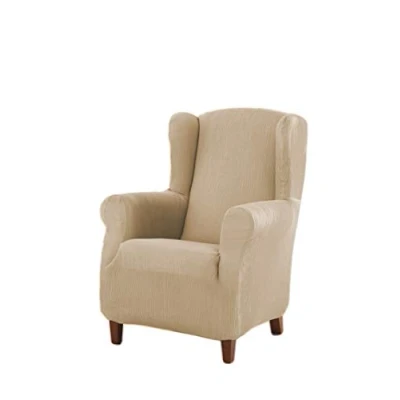 Afbeelding van Estoralis Berta vleugelstoelhoes in modern design Elastische jacquardstof Lichtbeige Voor vleugelstoelen van 70 tot 110 cm. Fauteuilbescherming Aanpasbaar aan alle soorten fauteuils