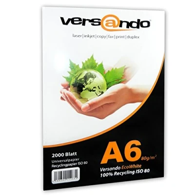 Afbeelding van versando 2000 vellen gerecycled papier DIN A6 EcoWhite 80 g printer en printerpapier milieuvriendelijk receptenpapier (148 x 105 mm)