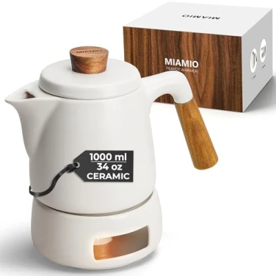 Afbeelding van MIAMIO Theepot set met opwarming / 1L 1000 ml waterkoker theezeef voor het brouwen van losse theebladeren cadeau vrouwen/theeliefhebbers (wit)