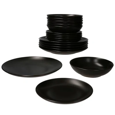 Afbeelding van MamboCat Panther Set van 18 zwarte borden, mat aardewerk servies voor 6 personen, platte soepborden 420 ml en dessertborden, dessertborden borden