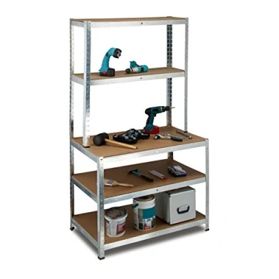 Afbeelding van Relaxdays Plank voor zware lasten, set van 2, met werkbank, tot 900 kg, 5 niveaus, metaal en MDF, 180 x 100 60 cm, grijs