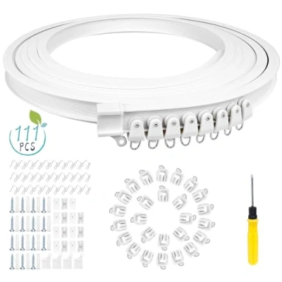Afbeelding van 111 delige set gordijnrails, flexibele buigbare plafond gordijnrail, gebogen plafondrail, plafondhouder, witte gordijnhaken, accessoires voor gordijnrailsysteem, 5 meter