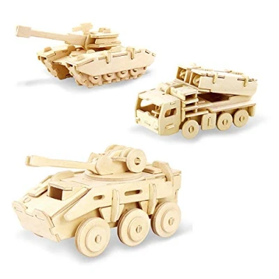 Afbeelding van Georgy Porgy Bouwsets van hout, 3D puzzel, decoupeerzaag, houten modellen voor kinderen, speelgoed vanaf 5 jaar, 3 stuks (tank + gepantserd voertuig raketvoertuig)