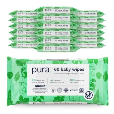 Afbeelding van Pura Milieuvriendelijke babydoekjes 18 x 60 per verpakking (1080 doekjes), 100% plasticvrij, 99% water, biologisch afbreekbaar, ongeparfumeerd, veganistisch, maandpakket, geschikt voor de gevoelige