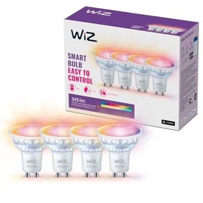 Afbeelding van WiZ GU10 slimme glazen LED lamp 50 watt vervanging, 16 miljoen kleuren, wifi/bluetooth, spraak /appbediening, met Google Home, Alexa en HomeKit, verpakking van 4 stuks.