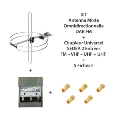 Image de KIT Antenne mixte omnidirectionnelle DAB FM + Coupleur Universel SEDEA 2 Entrées VHF UHF 5 Fiches F