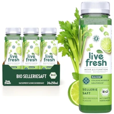 Afbeelding van LiveFresh Biologisch selderijsap koudgeperst 97% selderijsap, 3% limoensap zonder toegevoegde suiker Groentesap met kalium, calcium en vitamine K 24 x 250ml