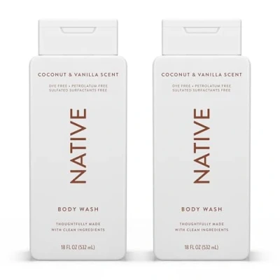 Afbeelding van Native Body Wash Natural for Women, Men Sulfaatvrij, Parabenvrij, Dye Free, with Naturally Derived Clean Ingredients Leaving Skin Soft and Hydrating, Coconut &amp; Vanilla 18 oz 2 stuks