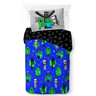 Afbeelding van Minecraft Riposte, Beddengoed voor kinderen, 140 x 200 cm, 100% katoen, eenpersoonsbed, inclusief dekbedovertrek en kussensloop, geschikt bedden van 90 190 cm tot