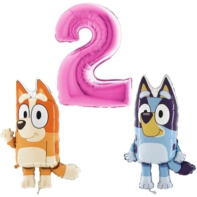 Afbeelding van Toyland® Bluey &amp; Bingo 2 stuks folieballonnen 32 figuren en 1 ballon cijfer 40 feestdecoraties voor kinderen