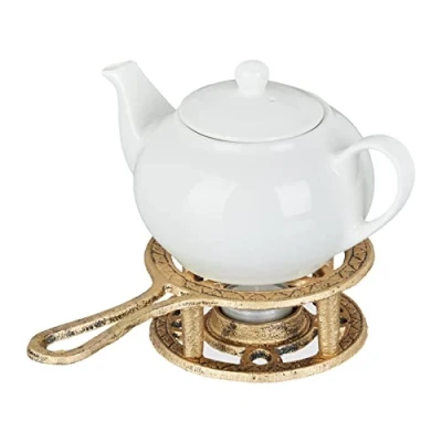 Afbeelding van Relaxdays theelichthouder voor theepot ronde theewarmer goud thee warmhouder gietijzer
