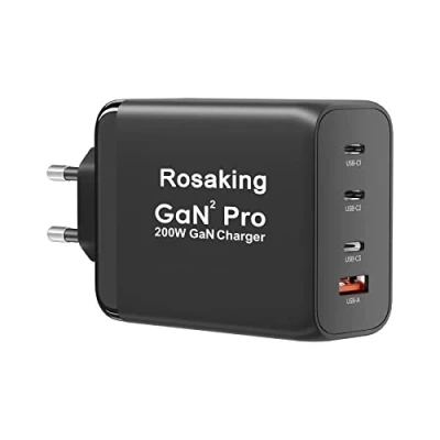 Afbeelding van Rosaking USB C oplader, 200 W, snellader, GaN III Tech, 4 poorts snellader voor MacBook Air, oplader compatibel met Samsung Galaxy Book