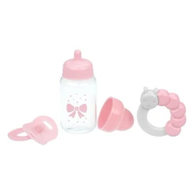 Afbeelding van JC Toys Set van 3 poppenaccessoires (fles, fopspeen en rammelaar), roze wit, geschikt voor alle polsen tot 50 cm, 2 jaar