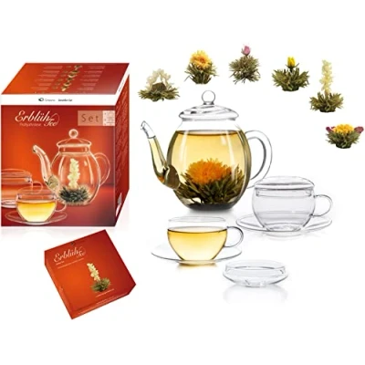 Afbeelding van Creano Bloemenmix Geschenkset &quot;Bloemen&quot; Epicureset Met glazen theepot 500ml, 2 kopjes 100 ml Witte thee (6 verschillende soorten)