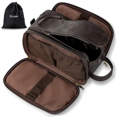 Afbeelding van Elviros Waterbestendige lederen toilettas voor mannen grote reistas scheren Dopp Kit Badkamer Gym Toiletten Make up Organizer met gratis natte droge tas (Donkergrijs, 30,5 x 17 18 cm)