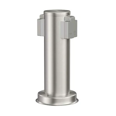 Afbeelding van ledscom.de PORU tuincontactdoos zuil voor buiten, IP44, 2x, roestvrij staal, rond, 27 cm, buitenstopcontact, tuinstopcontact, stekkertoren, stroomkolom