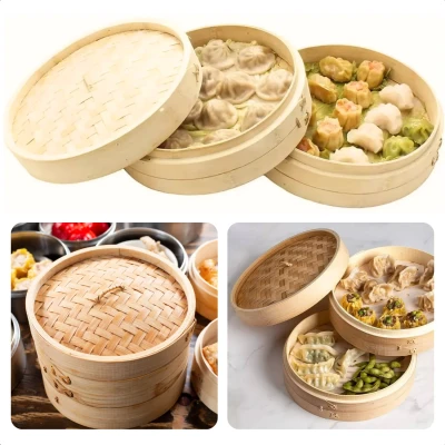 Afbeelding van Cheqo Bamboe Stoommandje Stomer Dim Sum Mandje Gyoza Dubbele Trays Met Deksel