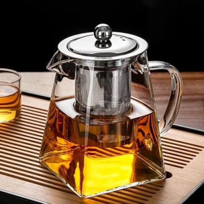 Afbeelding van YUEMING Theepotten van transparant glas met theezeef, vierkante vorm borosilicaatglas theepot theezeef voor losse thee, magnetron en fornuis, 550 ml (550 ml)