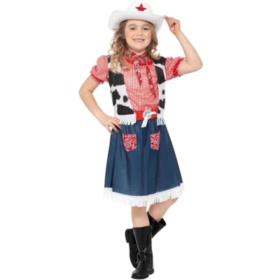 Afbeelding van Smiffys Sweetie Cowgirlkostuum blauw met jurk, gilet, sjaal, riem en hoed, kostuum voor meisjes