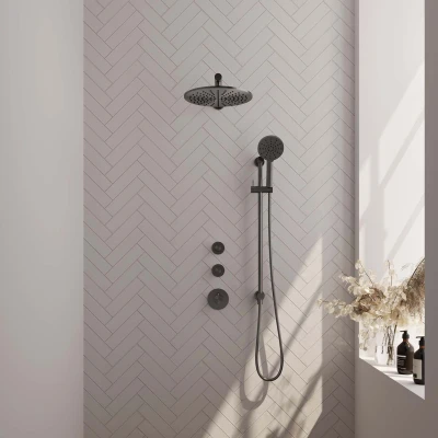 Afbeelding van Brauer Gunmetal carving Regendoucheset inbouw hoofddouche 30cm 3 knoppen rechte wandarm glijstang handdouche rond standen PVD