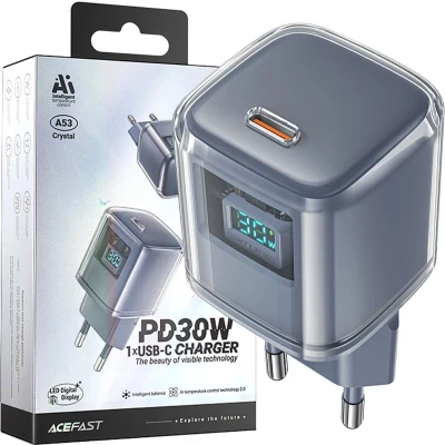 Afbeelding van Acefast A53 PD 30W GaN USB C oplader met display grijs